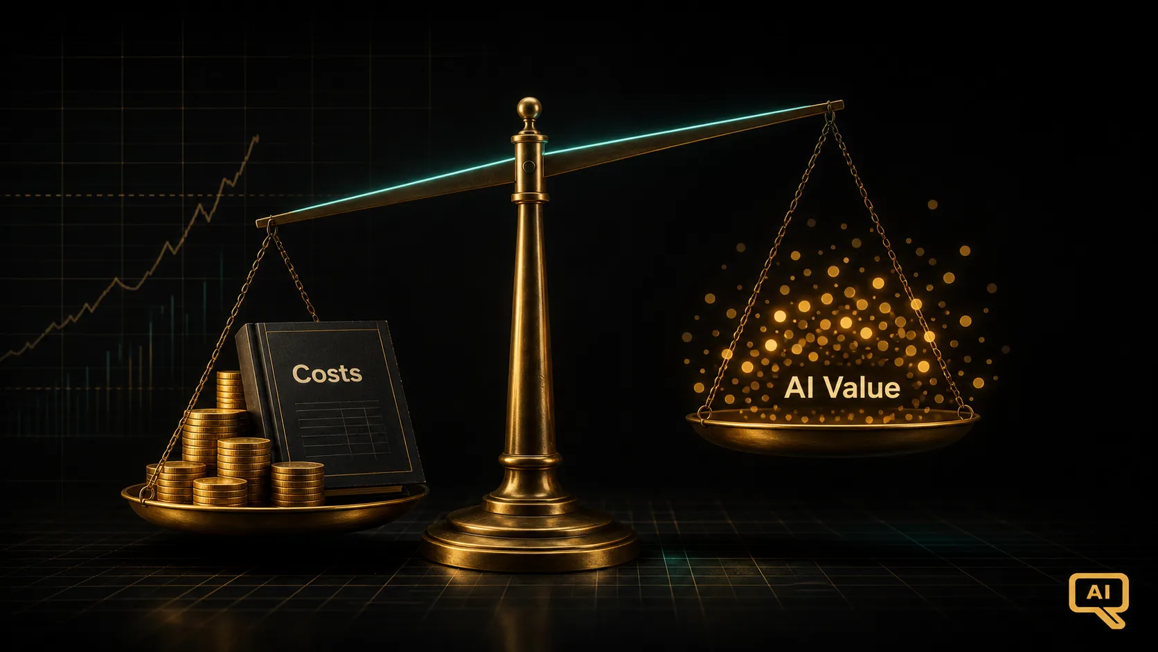 Diagram 1: A tilted balance scale with traditional IT metrics on one side and diffuse AI outcomes on the other, warm gold and amber tones on near-black background
