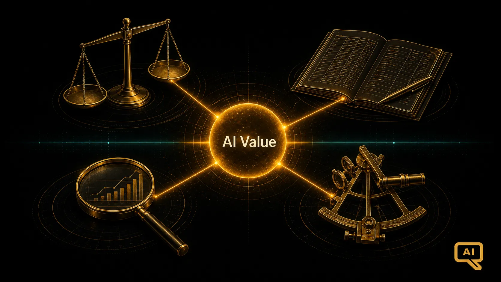 Diagram 1: An abstract representation of scales, ledgers, and measurement instruments arranged around a central AI value symbol, in warm gold and amber on near-black background