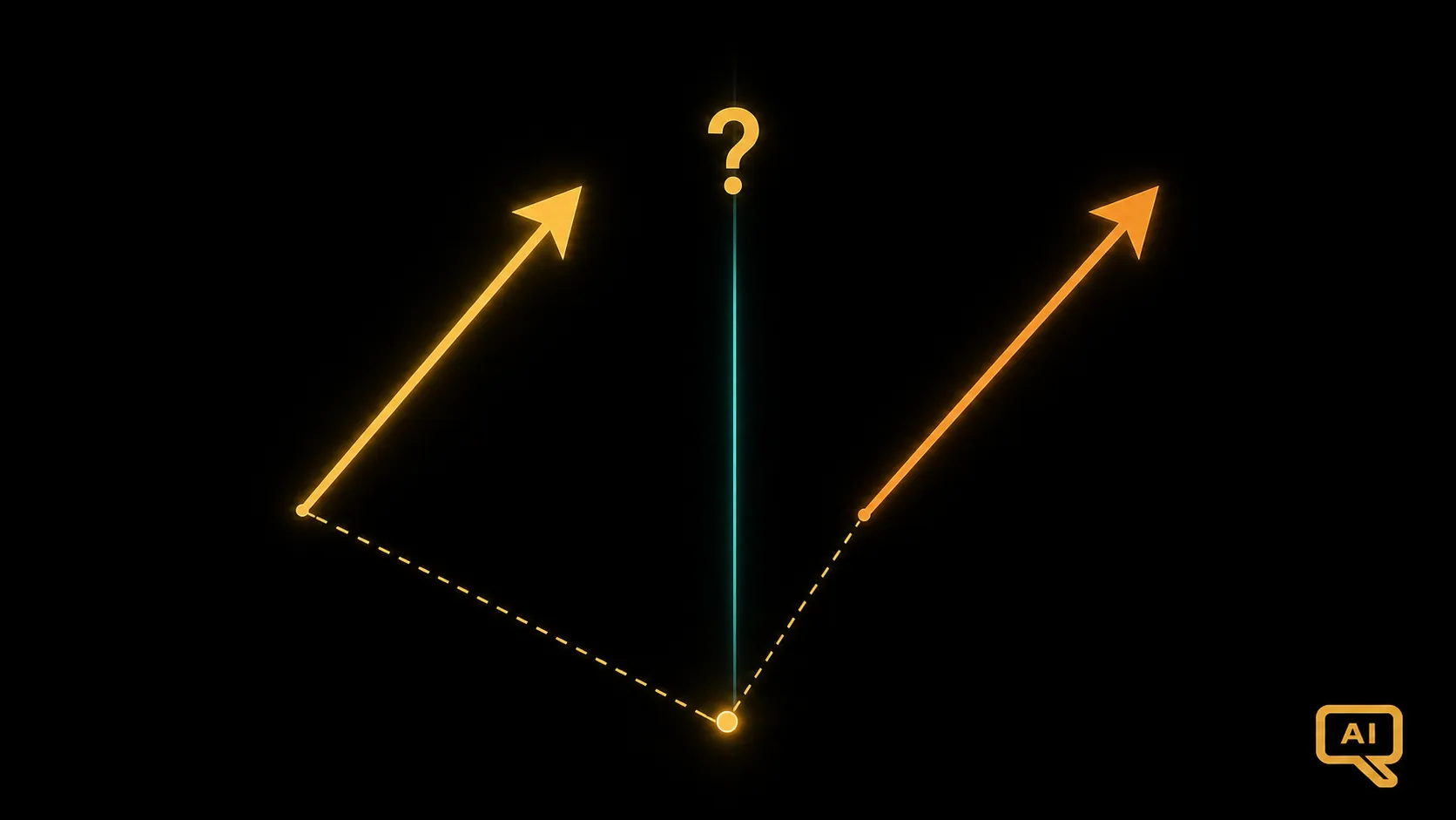 Diagram 1: An abstract split-screen showing two parallel worlds diverging from a common starting point, one where AI was deployed and one where it was not, in warm gold and amber on near-black background