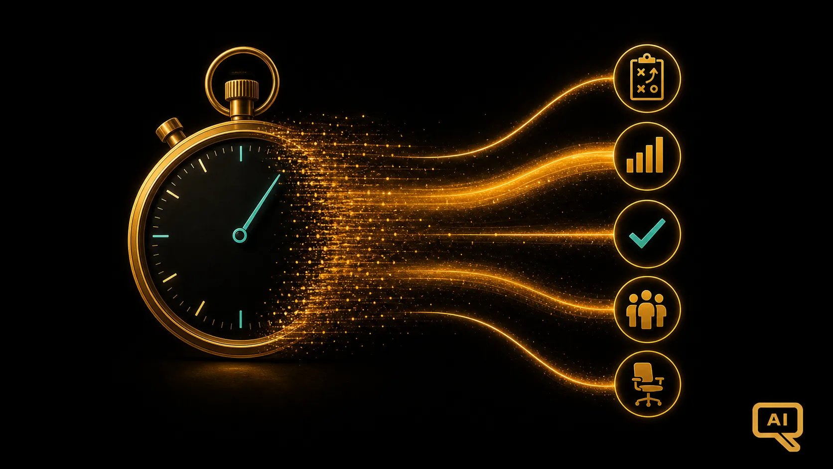 Diagram 1: A stopwatch dissolving into flowing streams of amber light that redistribute into different work activities, in warm gold and amber tones on near-black background