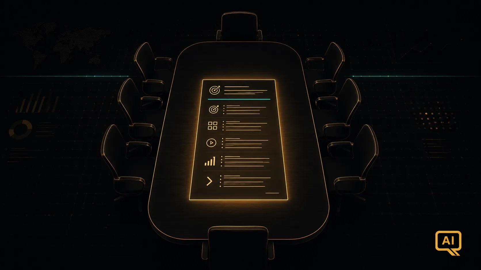 Diagram 1: A boardroom table with a single one-page document illuminated at the centre, in warm gold and amber tones on near-black background