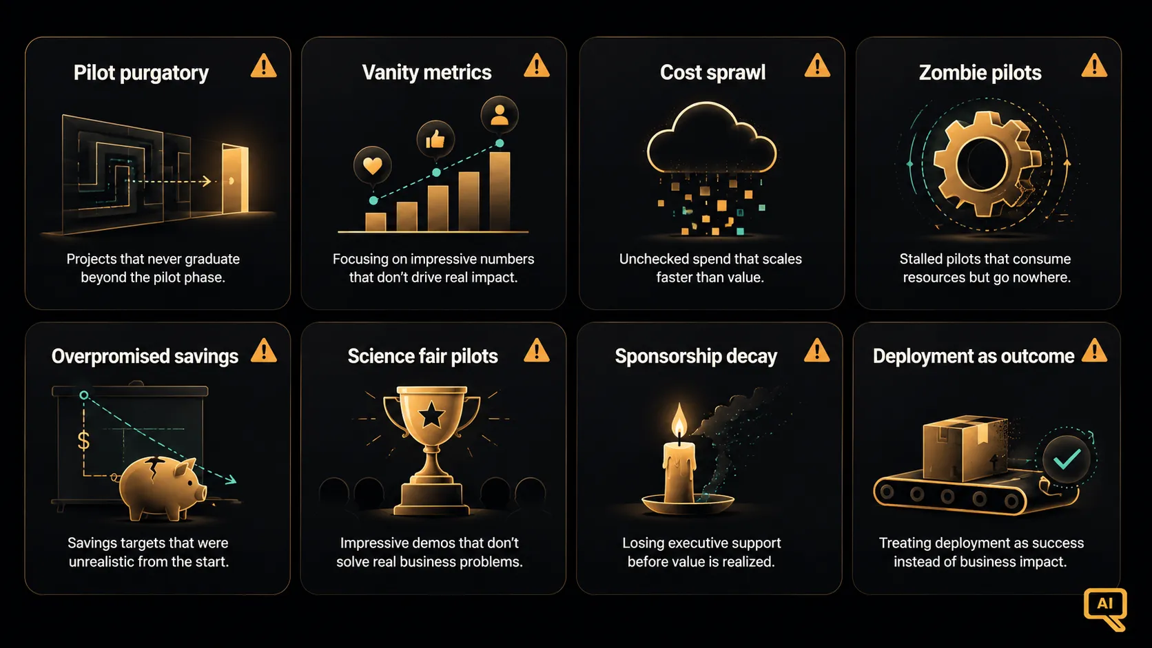 Diagram 2: A taxonomy grid showing the eight major failure modes described in the article, each with a short definition and its typical warning sign, arranged in a two-by-four layout