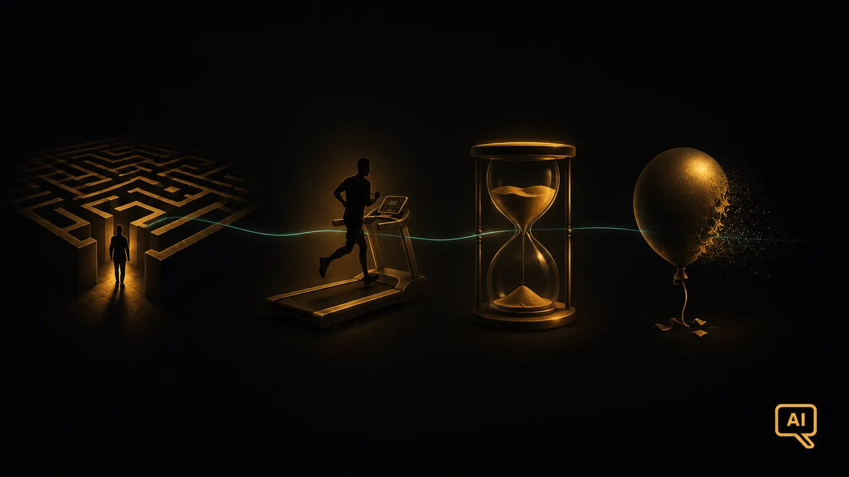 Diagram 1: A stylised warning-sign inspired composition showing anti-pattern silhouettes fading into cautionary iconography, in warm gold and amber tones on near-black background